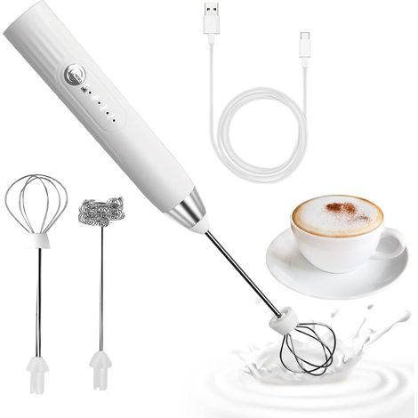 Mousseur à Lait Électrique，Mousseur de Lait Rechargeable USB et Mini Fouet Electrique, Mélangeur Acier Inoxydable, pour Café, Café au Lait(Blanc) (1/4)