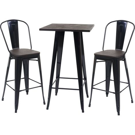 Set Stehtisch + 2x Barhocker HHG-407 inkl. Holz-Tischplatte, Barstuhl Bartisch, Metall Industriedesign, MVG schwarz