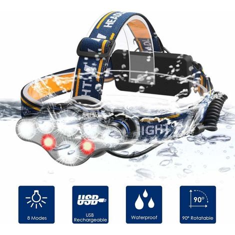 LED Headlamp, 8 Modes, USB Rechargeable Headlamp, 12000 Lumins, IPX4 Waterproof, Headlamp Torch for Fishing, Camping, Reading, Hiking, Cycling, with USB Cable (1/5)