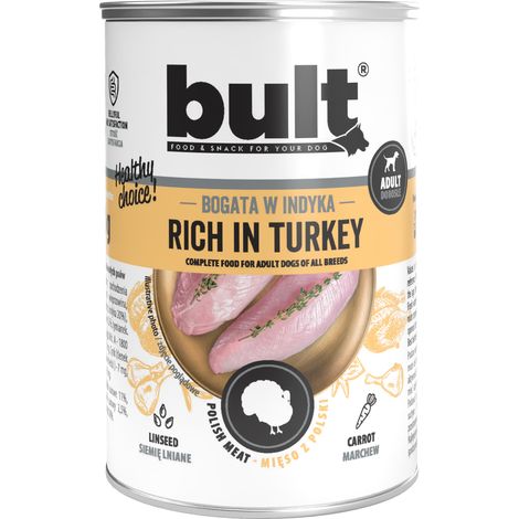Alimento húmedo para perros BULT sabor pavo, lata de 400 g. Completo. (1/2)
