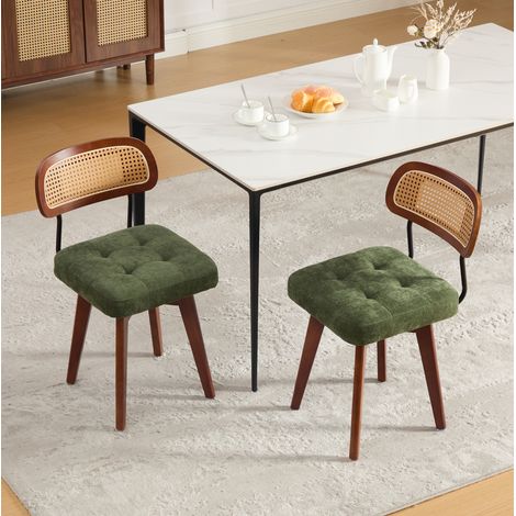 Lote de 2 sillas de comedor giratorias 360° en chenilla verde con respaldo de ratán trenzado (1/5)