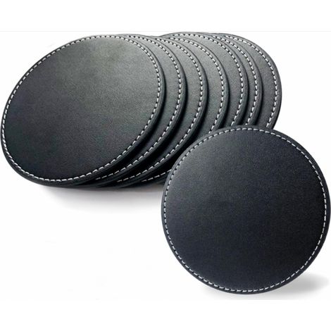 Dessous de verre en cuir - 8 pièces - 10 cm - Rond - PU - Noir avec coutures - Dessous de verre en verre - Dessous de verre (1/5)