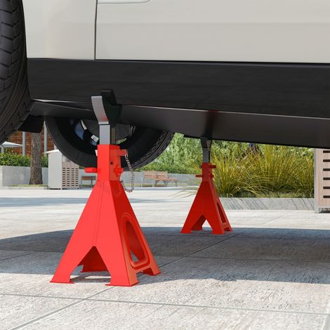 Chandelle Capacité de charge de 6 tonnes Béquille 2 pièces comprenant 2 goupilles de sécurité 13 niveaux Hauteur réglable de 375 mm à 592 mm Chandelles pour voiture Chandelle pour atelier garage rouge