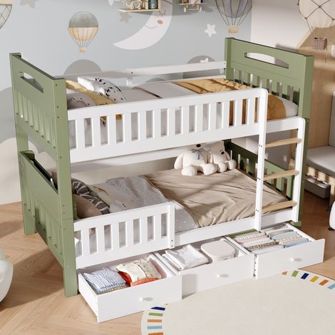 Litera infantil 90x200 cm de madera blanca y verde con almacenaje, sin colchones - CHICFURN (1/5)