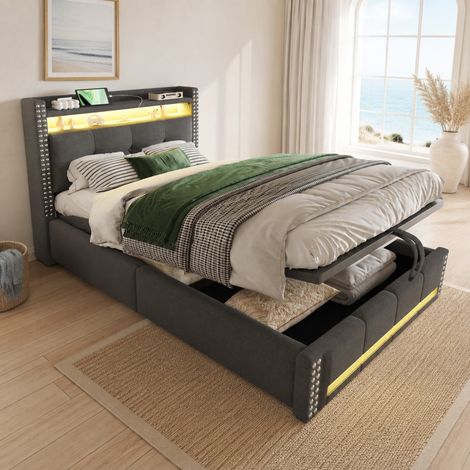 Cama infantil 90x200 cm con LED y almacenaje, gris, madera y lino, sin colchón FloraGrace (1/5)