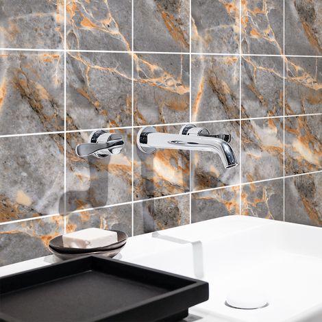 Sticker Mural Carrelage adhésif Cuisine Salle de Bain - 9 STICKERS CARREAUX DE CIMENT MARBRE BRUN DE ROCHA - 9stickers15x15cm (1/4)