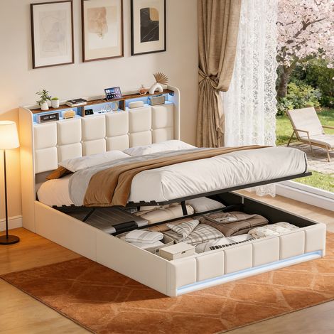 Lit 2 Personne 160x200 cm avec Sommier LED et USB Tpye C, Lit coffre avec rangement hydraulique, Lit capitonne adulte, Lin, Beige (1/5)