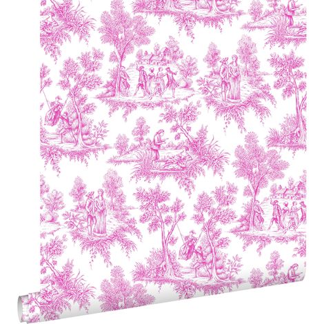 Papier peint toile de jouy rose – Motif fleuri romantique – Dimensions 53 cm x 10,05 m – Raccord droit – Facile à poser intissé – Estahome