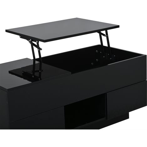 Table basse relevable noire brillante avec éclairage LED, plateau rabattable, 2 tiroirs et rangement caché, 100 x 45 x 43 cm (1/5)