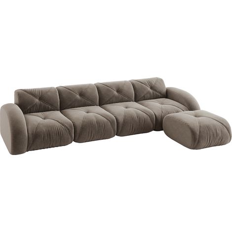 Sofá esquinero modular en L de 4 plazas Chenilla taupe con reposapiés, sin montaje (1/5)
