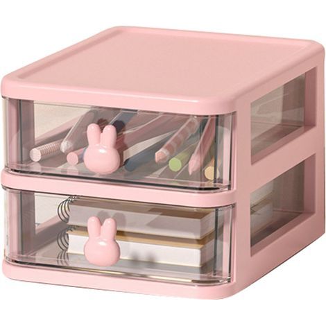 Große, zweistöckige, transparente Schreibtisch-Aufbewahrungsbox aus Kunststoff mit Hasengriff, Schubladenorganizer für Bücher, Stifte, Bürobedarf, Rosa (13,4 x 17 x 11 cm) (1/5)