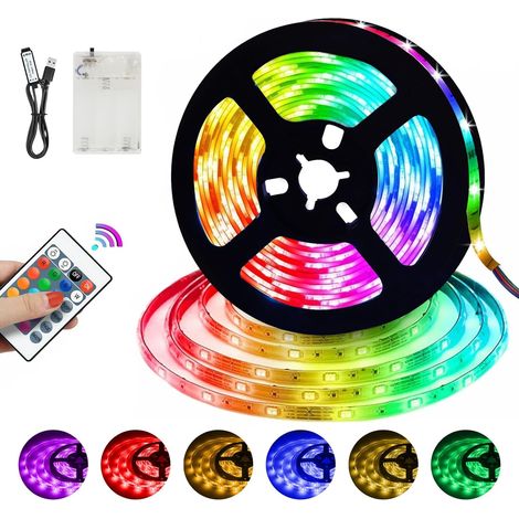 Ruban LED 2M avec bande adhésive, alimentation batterie/USB, RGB, LEDs 5050, télécommande dimmable, 16 couleurs, pour rétroéclairage TV, lumière d'ambiance, fête, bar, salon, PC. (1/5)