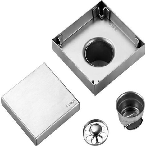 Square Shower Floor Drain with Stainless Steel Filter, Brushed High Flow Flange Kit, Removable Grate Cover and Food Grade Hair Flange (Drain (1/4)