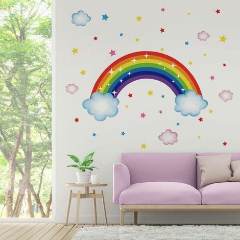 Autocollants Muraux Enfant - Motifs Arc-En-Ciel Nuages Étoiles - Pour Chambre Bébé Enfant - Surface Lisse - Lot de 1 (1/5)