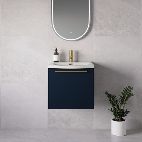 Napoli 390 Deep Blue 500mm Wall Mounted Single Drawer Vanity Unit with Arc Basin - 500mm - Brushed Brass 320mm Handle