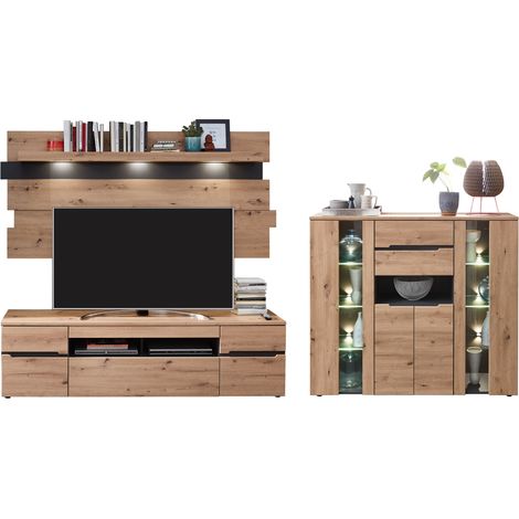 Wohnwand mit LED Beleuchtung MANRESA-36 in Artisan Eiche Nb. mit Graphit, B/H/T: ca. 357/190/47 cm (1/5)