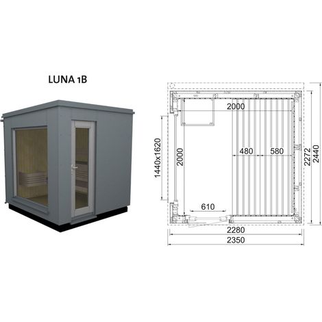 Infraworld Luna 1 Außensauna mit HPL-Platten Anthrazit versch. Fenstergrößen und Inneneinrichtung Luna 1B - Panorama-Fenster (BxH): 1440 x 1620 mm, Türe versetzt, 2 Liegen (1/5)
