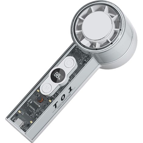 Ventilateur portable rechargeable transparent avec 100 vitesses, affichage numérique, lumière LED, batterie 3000 mAh, USB-C, blanc (1/5)