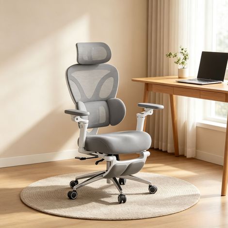 Premium Chefsessel Netz Bürostuhl 3D-Kopfstütze 3D-Lendenstütze Fußstütze bis 150 kg Grau (1/5)