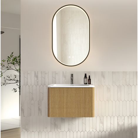 REDOM Badmöbel Set, wandhängend, mit LED Spiegel, Antibeschlag Funktion, integriertes Waschbecken, MDF, Eichenfarbe (1/5)