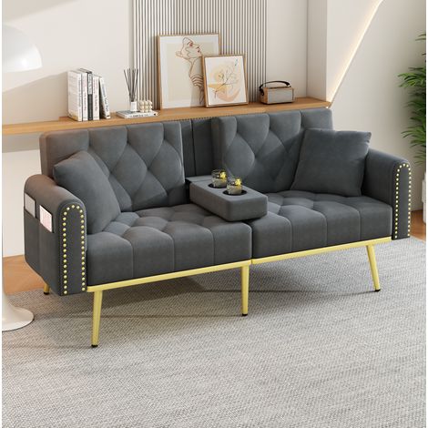 Sofá cama convertible de 2 plazas en terciopelo gris, respaldo de 3 posiciones, con portavasos (1/5)