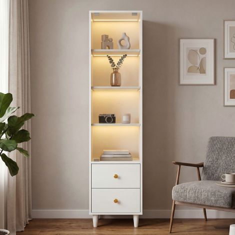 Vetrina con illuminazione a LED, libreria moderna con ante in vetro e 2 cassetti, vetrina per oggetti da collezione, stile moderno con maniglie dorate, bianca – H165/L40/P35cm (1/5)