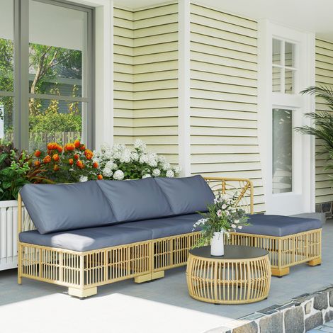 Ensemble salon en rotin jardin canapé modulaire coussins table basse - Couleur: Gris