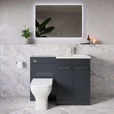 Napoli 460 Gloss Grey 1100mm 2 Door Vanity Unit Toilet Suite with Glide Basin - 1100mm - Chrome 160mm HandleWith Kingston Toilet Pan and Seat