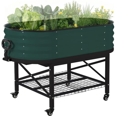 Bac potager surélevé métal galvanisé mobile sur roulettes carré avec pieds filet anti oiseaux potager légumes herbes fleurs 120 x 60 x 30 cm vert (1/5)