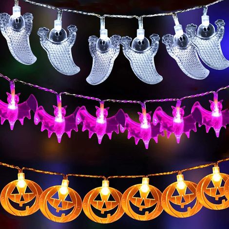 Set de 3 Guirlandes Lumineuses Halloween, Guirlande Lumineuse à Pile 20LED Citrouilles Orange, Fantômes Blancs, Chauve-Souris Violet Lumières pour Halloween, Carnaval, Fête Décoration (1/5)