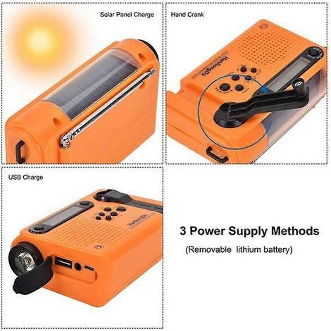Radio d'urgence portable Hanrongda pour l'extérieur, radio AM/FM/SW, générateur solaire à manivelle avec lampe torche LED, batterie 2000 mAh et alarme SOS. (1/4)