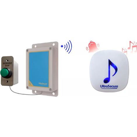 Ultra Secure – Sonnette sans-fil 600m avec carillon 35 mélodies – Bouton déporté étanche IP67 – Émetteur autonome sur pile 12V – Volume réglable (1/5)
