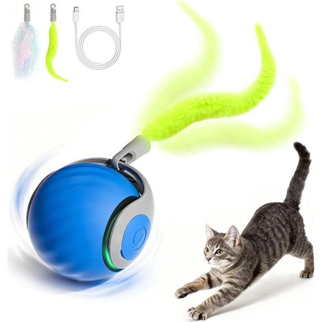 Interaktiver Ball für Katzen, elektrischer, wiederaufladbarer Indoor-Katzenball mit flauschigem Schwanz, automatischer Rollball, Beschäftigungsball – Blau (1/5)