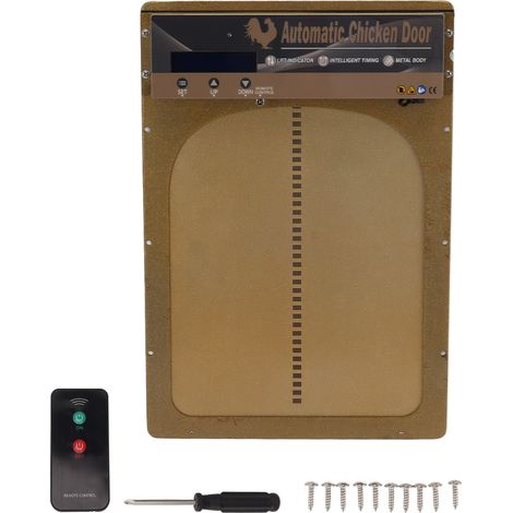 Porte automatique pour poulailler à détection lumineuse, minuterie programmable 16m, télécommande, écran LED, alimentation par batterie, sécurité ferme, couleur or. (1/5)