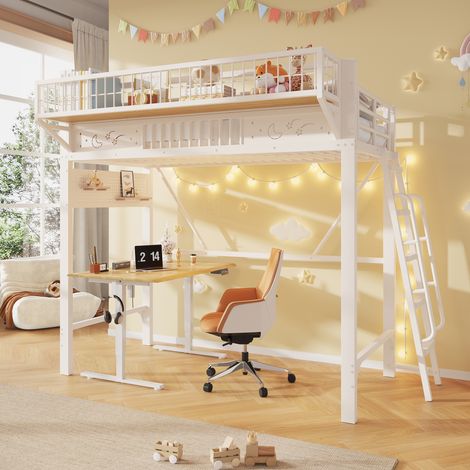 Cama alta 90x200 cm blanca, con estantes y escalera opcional, estructura metálica, sin colchón (1/5)