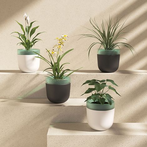 Pot de fleurs auto-arrosant plastique double épaisseur 7x11.5cm blanc/noir (1/5)