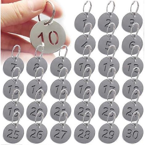 Étiquettes numérotées de 1 à 30, étiquettes numérotées rondes avec anneau porte-clés, étiquettes numérotées en acier inoxydable pour clés, cintres, casiers, bars, spas, hôtels (1/5)