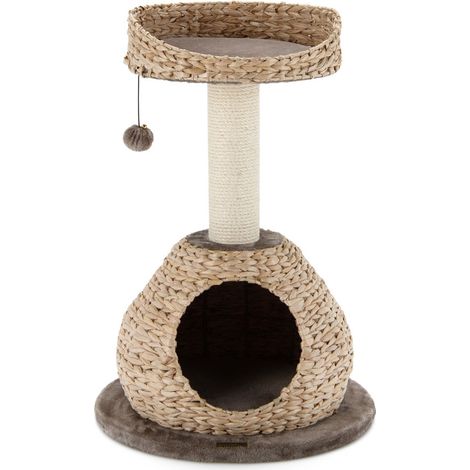 Arbre à chat avec niche et panier 48 x 48 x 70,5 cm pour jeu et repos ambiance cosy en bois naturel