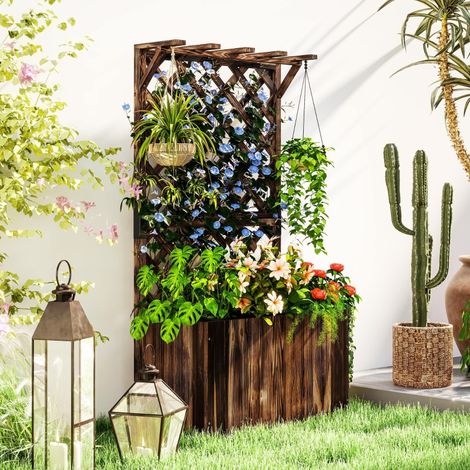 Carré potager surélevé avec treillis, bac à plantes en bois, support pour plantes grimpantes, 64 x 33 x 122 cm, couleur carbonisée (1/5)