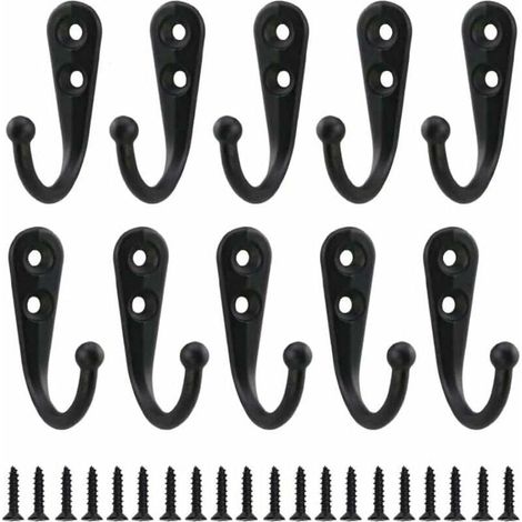 Lot de 10 patères rétro, crochets muraux en métal noir avec vis, design vintage pour étagères, salles de bain et casiers. (1/5)