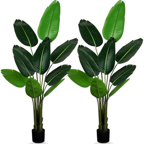 Freosen – Lot de 2 plantes artificielles 160cm – Oiseau de paradis faux palmier tropical – 9 feuilles – Pot en béton pour intérieur et extérieur