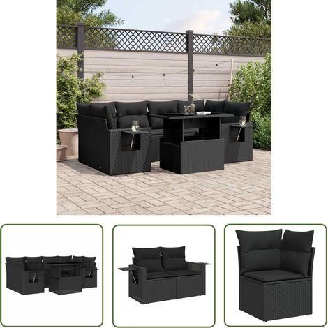 The Living Store Salon de jardin 7 pcs avec coussins noir résine tressée - Ensemble Salon De Jardin - Meuble Extérieur - Jardin - Terrasse - Patio (1/5)