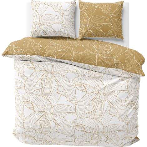 Parure de lit avec Housse de Couette 220x240 cm + 2 Taies d'oreiller 63x63cm Parure de lit pour 2 Personnes Palmiers Jaune Coton (1/5)
