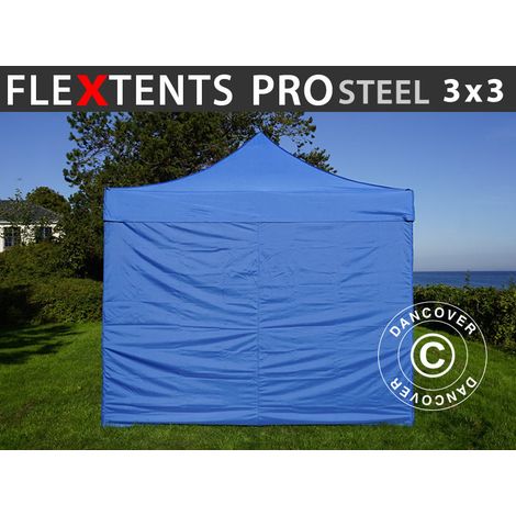 Faltzelt FleXtents PRO Steel 3x3m Blau, mit 4 Seitenwänden