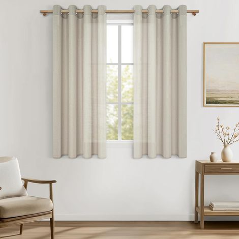 Rideaux Voilage Fenetre Beige 140x145cm Effet Lin Semi-Transparent, Lot de 2 Rideaux Beige Lin à Oeillets, Rideau Court Chambre Salon Adulte Décoratif pour Intérieurs Modernes et Baie Vitrée (1/5)