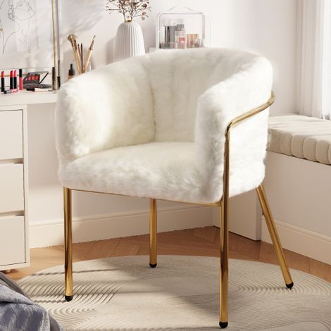 Chaise de loisirs - chaise de coiffeuse - chaise de salle à manger - pieds de support en métal - imitation duvet de lapin - beige (1/5)