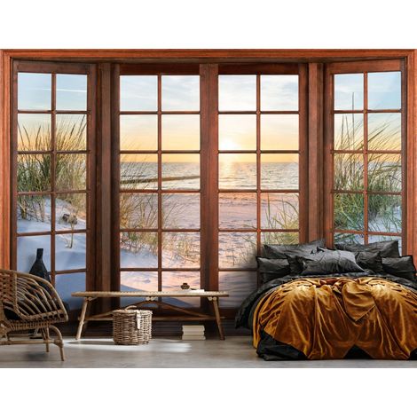 Vlies Fototapete Strand 200x140 cm, Tapeten, für Wohn und Schlafzimmer, Vliestapete Wandtapete Tapete 3D Effekt- inkl. Kleister - Fensterblick Meer Landschaft Natur, WallArena (1/4)