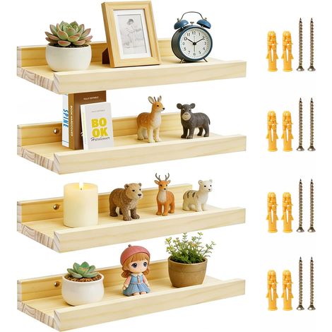 Lot de 4 Étagère Murale Bois 30 × 12 × 4 cm Etagères Flottantes Form de U  avec Bord de Protection Tablette Bois Murale avec Vis et Tubes D'expansion pour Salon Chambre Salle de Bain Décoration (1/5)