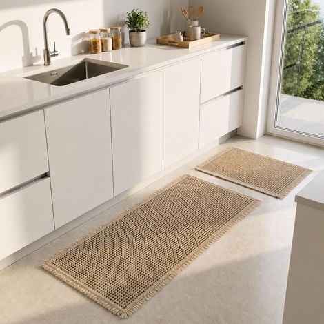Lot de 2 Tapis de Bain Bohème - Marron - Coton Doux et Dos Antidérapant - Absorption Rapide pour Salle de Bain et Salon - 50x121 cm et 43x61 cm (1/5)