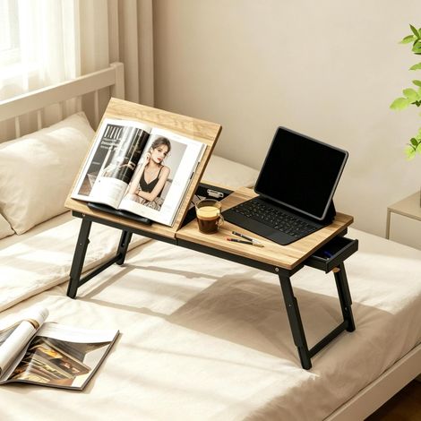 Verstellbarer, klappbarer Laptop-Tisch mit Schublade, Bambus und MDF, schwarz HAVRYA (1/5)